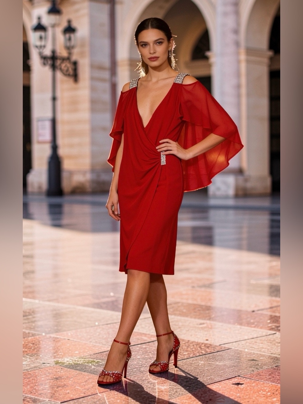 🇺🇸  PROMO Elagent Red Cocktail Dress with Draped Cape Sleeves & Embellishments